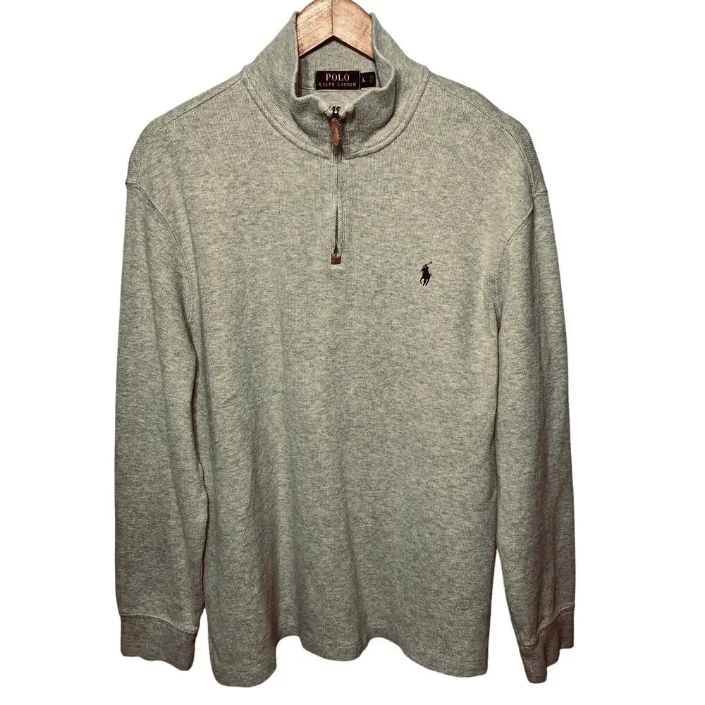 Polo Ralph Lauren Gray 1/4 Zip Cotton Classic Preppy Knit Pullover Sweater L
